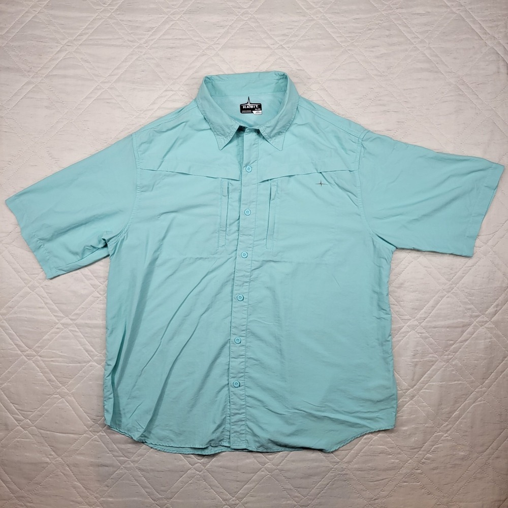 HABIT aqua blue short sleeve button front fishing shirt men's‎ XL